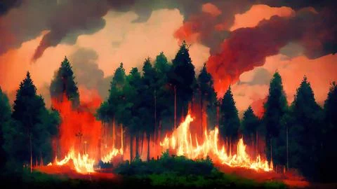Abstract Forest Fire/wildfire caused by climate change, smoke and flames reac Stock Illustration