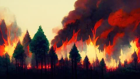 Abstract Forest Fire/wildfire caused by climate change, smoke and flames reac Stock Illustration