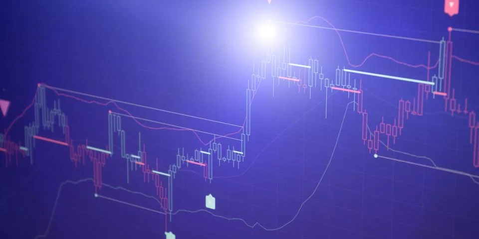 Abstract Forex Trading Candlestick Chart Background With Technical Indicators Illustrazione stock