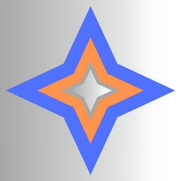 Abstract four pointed star shape with concentric orange and blue layers Illustrazione stock