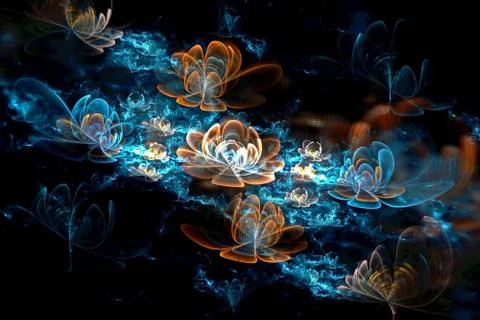 Abstract fractal computer-generated glowing 3d flowers. Multicolored fractal  Stock Illustration