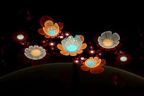 Abstract fractal computer-generated glowing 3d flowers. Multicolored fractal Stock Illustration