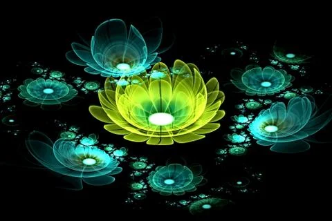 Abstract fractal computer-generated glowing 3d flowers. Multicolored fractal  Stockillustratie