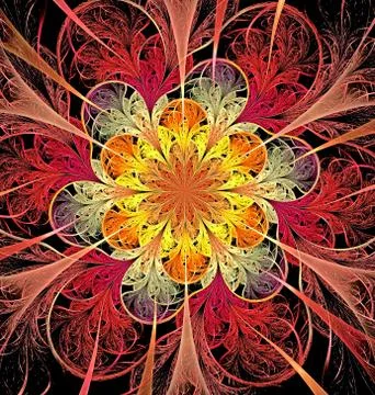 Abstract fractal computer image of a multicolored flower on a geometric dark  Stock Illustration