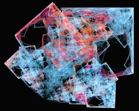 Abstract fractal design.  Multiple red and blue squares on black. Stock Illustration