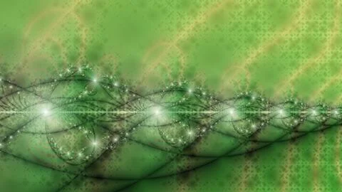Abstract fractal pattern with flowing lines and lights over green spotty back Stock Illustration