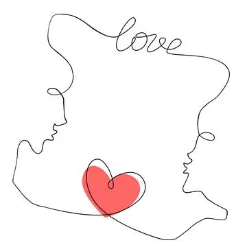 Abstract frame in line art style with lovers, red heart and inscription love. Stock Illustration