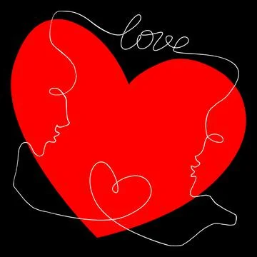 Abstract frame in line art style with lovers and red heart. Hand drawn love s Stock Illustration