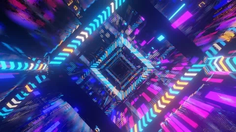 Abstract frames and boxes. Fly through technology cyberspace with neon glow. Sci Stock Footage 172756096