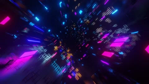 Abstract frames and boxes. Fly through technology cyberspace with neon glow. Sci Stock Footage 195044108