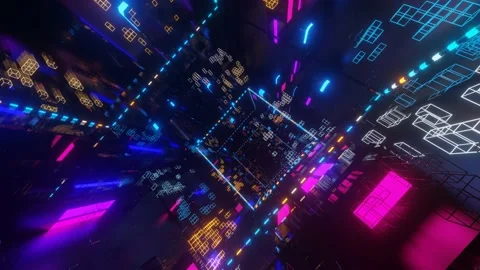 Abstract frames and boxes. Fly through technology cyberspace with neon glow. Sci Stock Footage 198066075