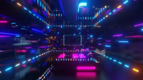 Abstract frames and boxes. Fly through technology cyberspace with neon glow. Sci Stock Footage 201217997