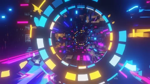 Abstract frames and boxes. Fly through technology cyberspace with neon glow. Sci Stock Footage 202226293