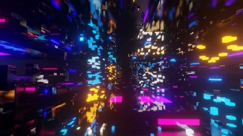 Abstract frames and boxes. Fly through technology cyberspace with neon glow. Sci Stock Footage 203590959