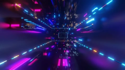 Abstract frames and boxes. Fly through technology cyberspace with neon glow. Sci Stock Footage 203916704