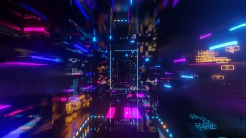 Abstract frames and boxes. Fly through technology cyberspace with neon glow. Sci Stock Footage 204094444