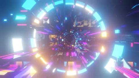 Abstract frames and boxes. Fly through technology cyberspace with neon glow. Sci 動画素材 204876622