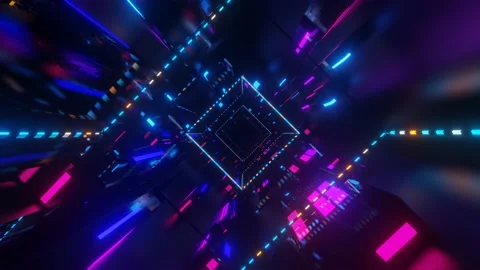 Abstract frames and boxes. Fly through technology cyberspace with neon glow. Sci Stock Footage 204877100