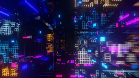 Abstract frames and boxes. Fly through technology cyberspace with neon glow. Sci Stock Footage 205095248