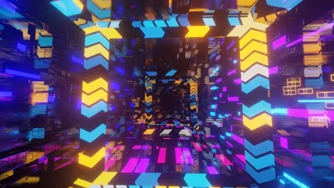 Abstract frames and boxes. Fly through technology cyberspace with neon glow. Sci Stock Footage 206178933