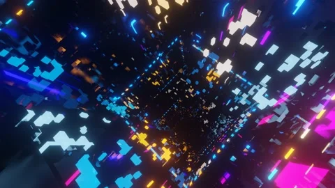 Abstract frames and boxes. Fly through technology cyberspace with neon glow. Sci Stock Footage 214091714