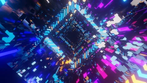 Abstract frames and boxes. Fly through technology cyberspace with neon glow. Sci Stock Footage 218631998