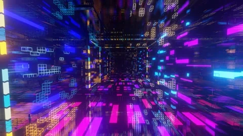 Abstract frames and boxes. Fly through technology cyberspace with neon glow. Sci Stock Footage 276319060