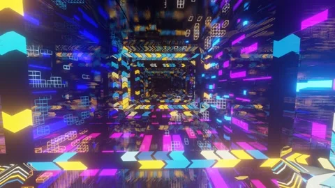 Abstract frames and boxes. Fly through technology cyberspace with neon glow. Sci Stock Footage 279748390