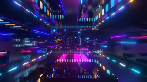 Abstract frames and boxes. Fly through technology cyberspace with neon glow. Sci Stock Footage 280462939