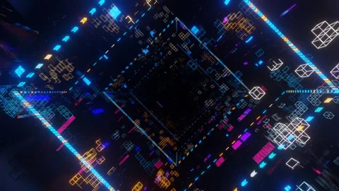 Abstract frames and boxes. Fly through technology cyberspace with neon glow. Sci Stock Footage 280463066