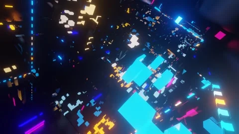 Abstract frames and boxes. Fly through technology cyberspace with neon glow. Sci Stock Footage 281349856