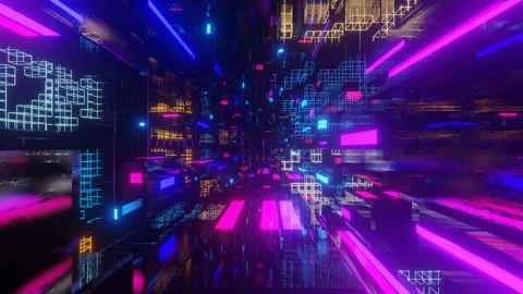 Abstract frames and boxes. Fly through technology cyberspace with neon glow. Sci Stock Footage 282510181