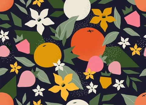 Abstract fruit flower pattern. Plant floral print, modern summer geometric Illustrazione stock