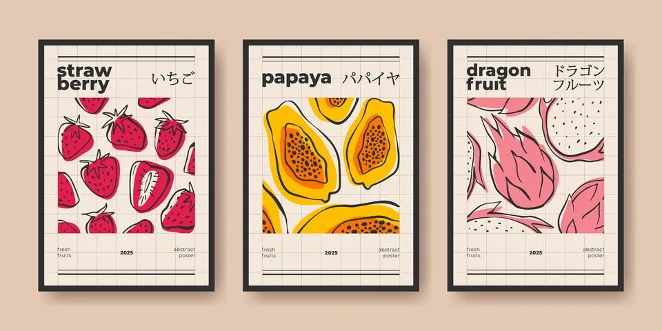 Abstract fruit posters set for interior design Stock Illustration
