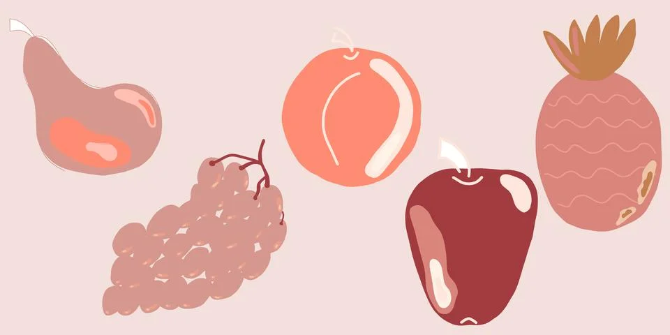 Abstract fruit set illustration, boho apple, grape, peach, pineapple and pear Stock Illustration