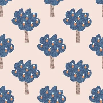 Abstract fruit trees seamless pattern. Doodle apple tree landscape. Stock Illustration