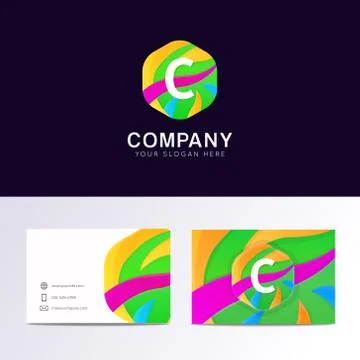 Abstract fun C letter logo sign. Flat children hexagon avatar vector design Stock Illustration