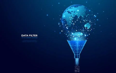 Abstract funnel with data flow and globe Earth on dark blue background Stock Illustration