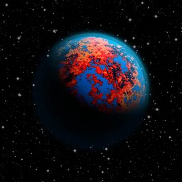 Abstract future planet Earth with blue atmosphere and burning red continents. Stock Illustration