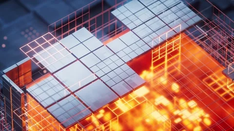 Abstract futuristic 3d grid animation with glowing orange energy core and m.. Stock Footage 332221397