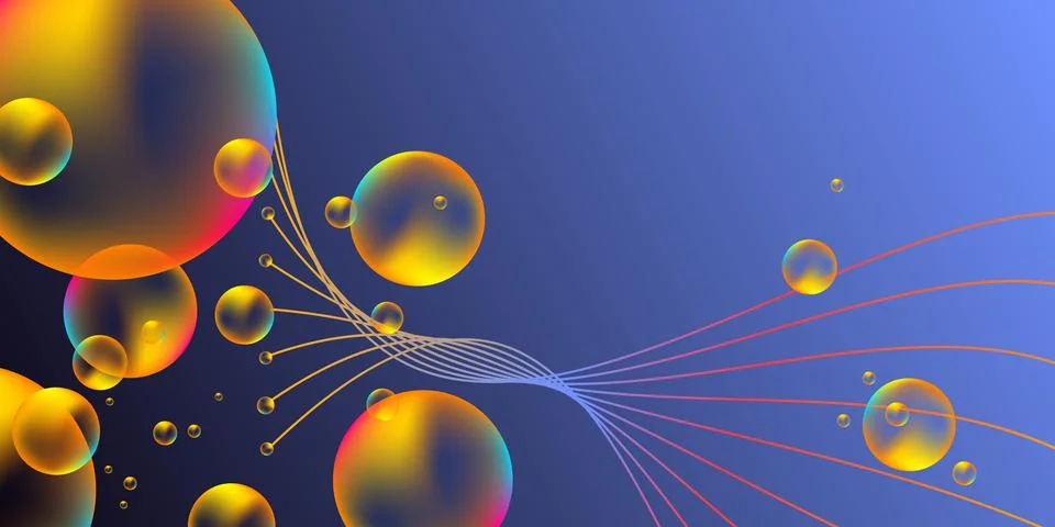 Abstract futuristic background with 3D bubbles and flowing wavy lines. Vector Stock Illustration