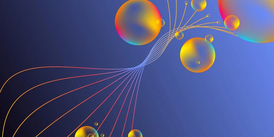 Abstract futuristic background with 3D bubbles and flowing wavy lines. Vector Stock Illustration