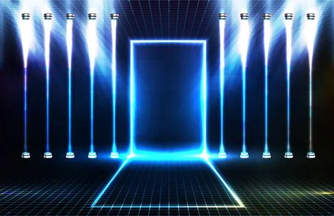 Abstract futuristic background of blue empty stage arena stadium spotlgiht st Stock Illustration