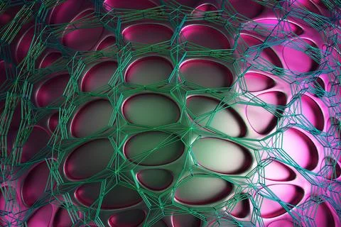 Abstract futuristic background from surface holes and a neural network. 3d re Foto stock