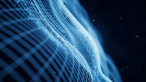 Abstract futuristic blue wireframe grid wave with flowing particles in dark.. Stock Footage 327345330