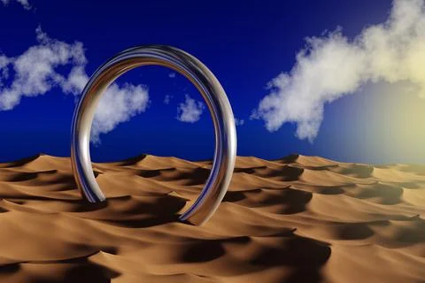 Abstract Futuristic Chrome Reflective Ring in a Desert - 3D illustration Stock Illustration
