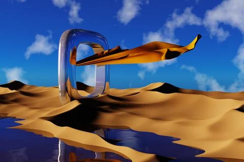 Abstract Futuristic Chrome Reflective Ring with a Gold Fabric in a Desert - 3 Stock Illustration