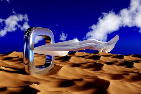 Abstract Futuristic Chrome Reflective Ring with a White Fabric in a Desert - Stock Illustration