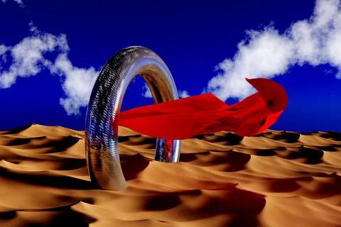 Abstract Futuristic Chrome Reflective Ring with a Red Fabric in a Desert - 3D Stock Illustration