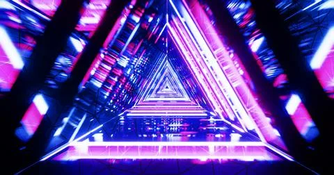 Abstract futuristic corridor with triangles, fluorescent ultraviolet light Ilustración de archivo